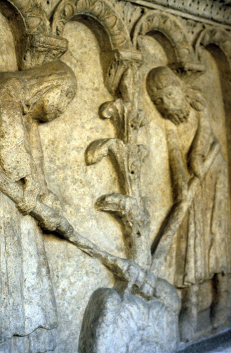 Exterior west, bay 3, frieze 2, Adam and Eve at labor, early 12c., Wiligelmo