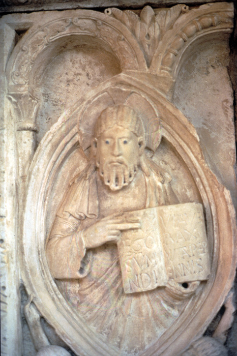 Exterior west, bay 2, frieze 1, Christ-Logos in mandorla, early 12c., Wiligelmo