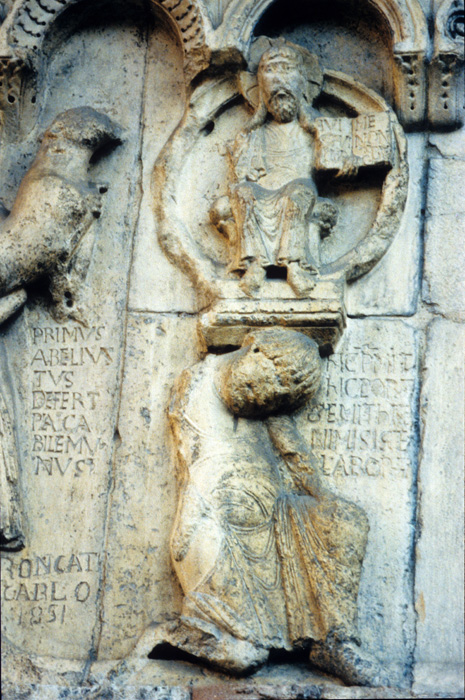 Exterior west, bay 4, frieze 3, Christ-Logos in mandorla, early 12c., Wiligelmo