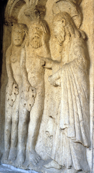 Exterior west, bay 3, frieze 2, Adam and Eve reproved by God, early 12c., Wiligelmo