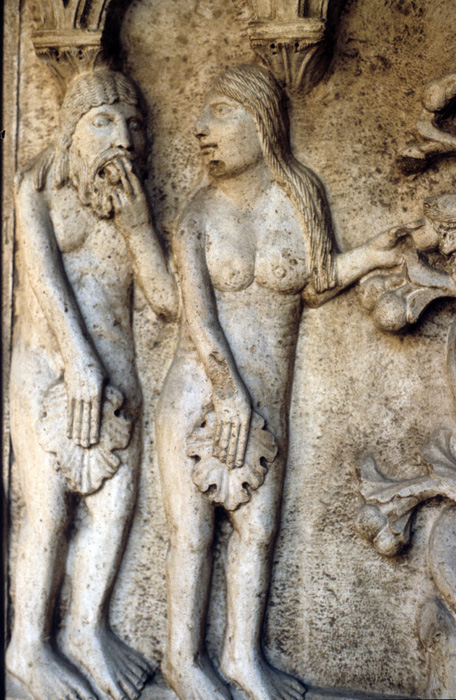 Exterior west, bay 2, frieze 1, Adam and Eve fall of man, early 12c., Wiligelmo