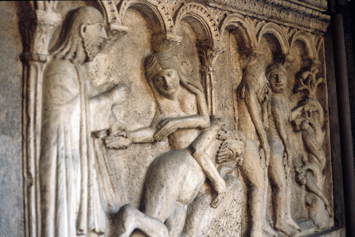 Exterior west, bay 2, frieze 1, creation of Eve, early 12c., Wiligelmo