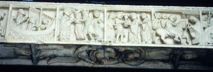 Exterior south, Porta dei Principi, lintel face, scenes from life of Geminianus of Modena, early 12c.,  Lanfranco