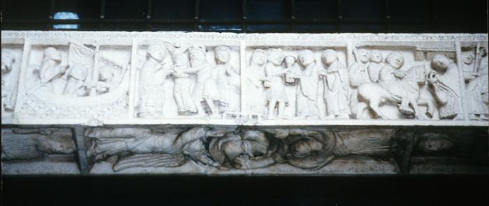 Exterior south, Porta dei Principi, lintel face, scenes from life of Geminianus of Modena, early 12c., Lanfranco