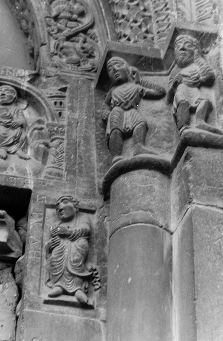 Exterior west, right portal, embrasure capitals, possibly Adam and Eve, 1122-1150, Nicholaus workshop