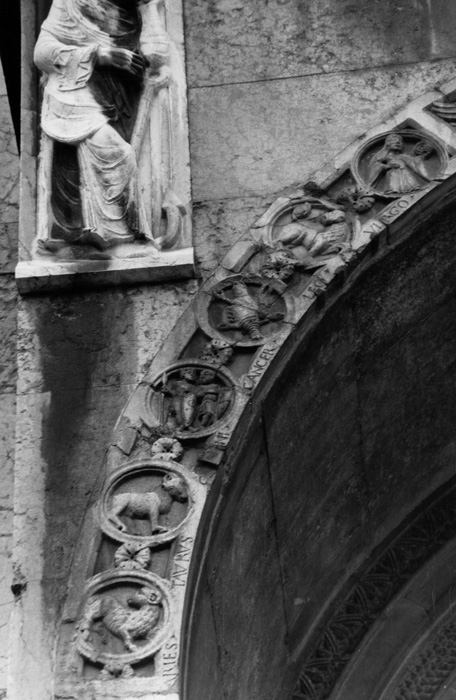 Exterior west, central portal, arch with signs of Zodiac, 1120-1150