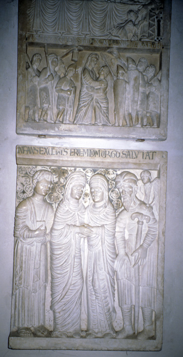 Relief, fragment of pulpit, with Visitation, late 12c., attributed to Guido da Como, Benedetto Antelami, or Guglielmus