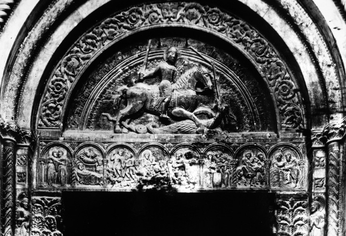 Exterior west, central portal, tympanum with George of Cappadocia slaying dragon, and lintel with scenes from life of Christ, 1135-1150, Nicholaus