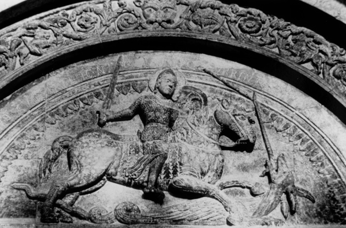 Exterior west, central portal, tympanum with George of Cappadocia slaying dragon, 1135-1150, Nicholaus