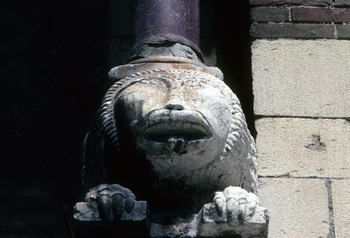 Exterior, south portal, porch, lion, 1120-1130