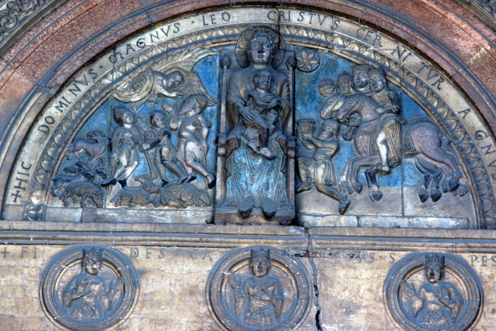 Verona Cathedral, exterior, west, portal tympanum showing annunciation to shepherds, and adoration of Magi, 1120-1150, Nicholaus