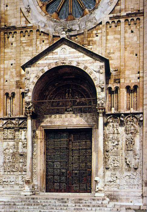 Exterior west, porch and reliefs, 1120-early 13c.