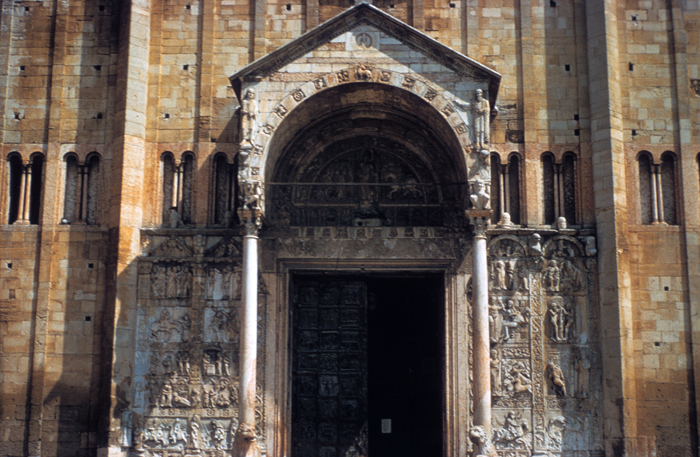 Exterior west, porch and reliefs, 1120-early 13c.