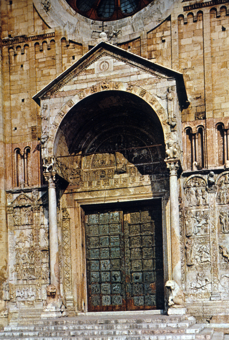 Exterior west, porch and reliefs, 1120-early 13c.