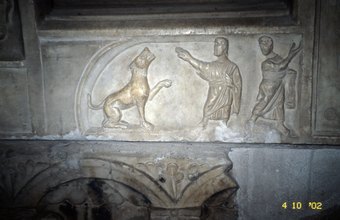 Sarcophagus cover, front, Apostle Peter  meeting dog of Simon Magus, late 4c.