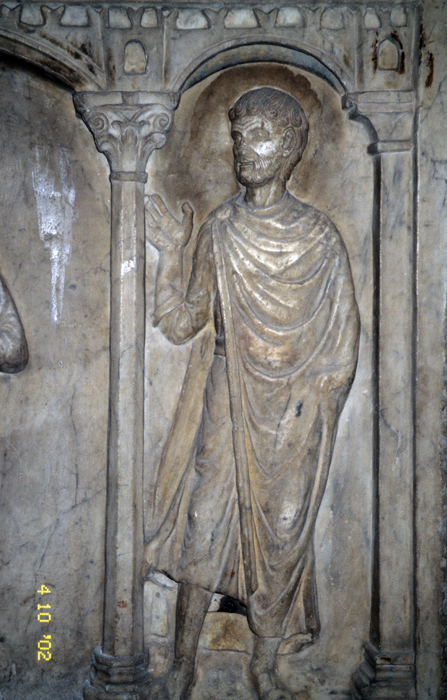 Sarcophagus body, end, right, male figure at right, late 4c.