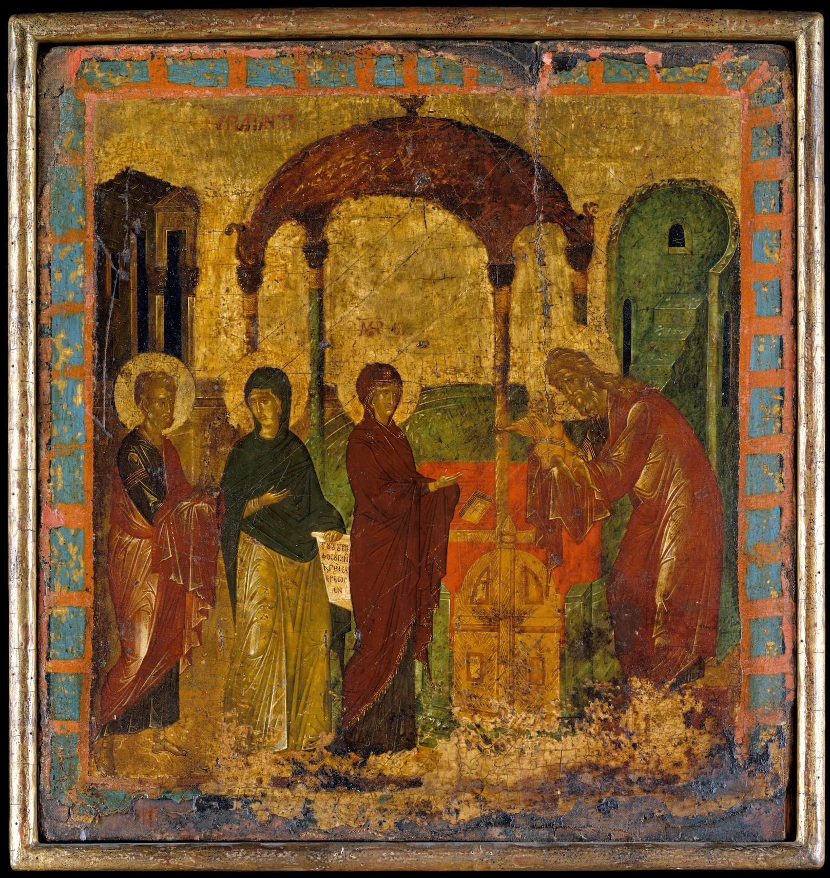 Figure 3. Anna holding inscribed scroll at the Presentation of Christ, wood panel by the 15c. Byzantine Painter. New York, Metropolitan Museum of Art, 31.67.8.