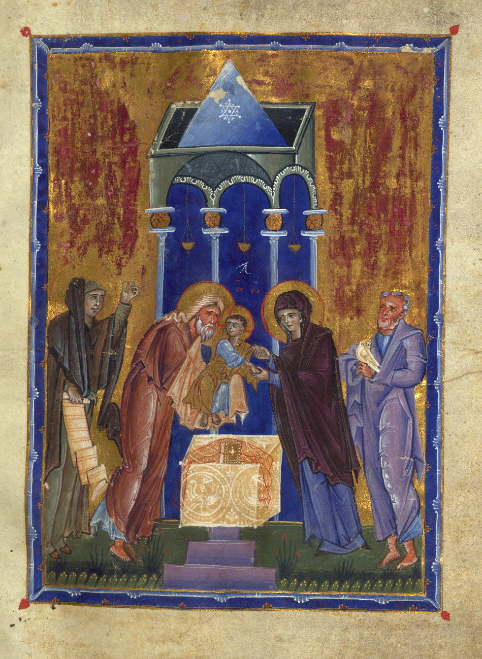 Figure 4. Prophetess Anna holding pseudo-inscribed scroll at the Presentation of Christ in the T'oros Roslin Gospels. Dated 1262. Baltimore, Walters Art Museum, W.539, fol. 211r.