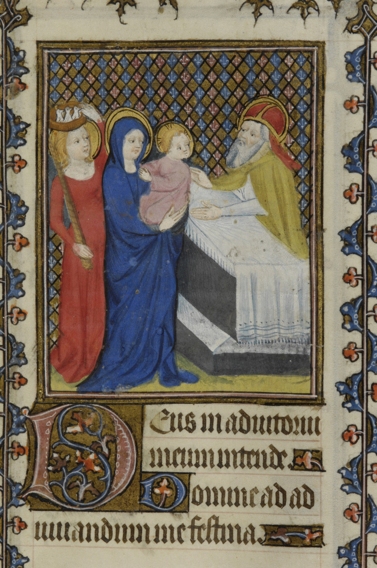 Figure 5. Prophetess Anna balancing basket of three doves on her head and holding candle at the Presentation of Christ. Book of Hours (ca. 1400). New York, Morgan Library S.9, fol. 79r.