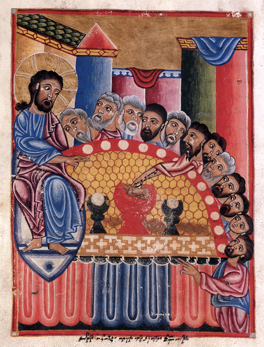 Last Supper of Christ, miniature from the ca 1300 Gladzor Gospels (Los Angeles, Charles E. Young Research Library, Armenian 1, p. 156)