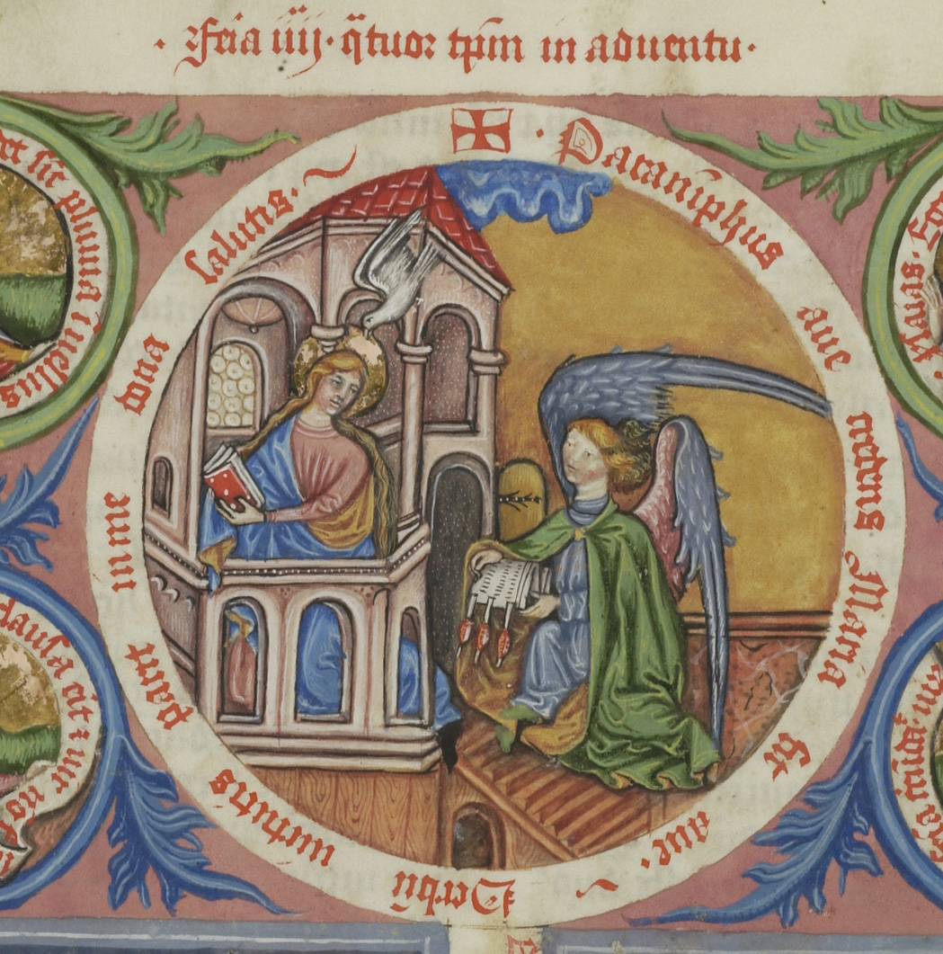manuscript image of Archangel Gabriel offering document to Virgin Mary