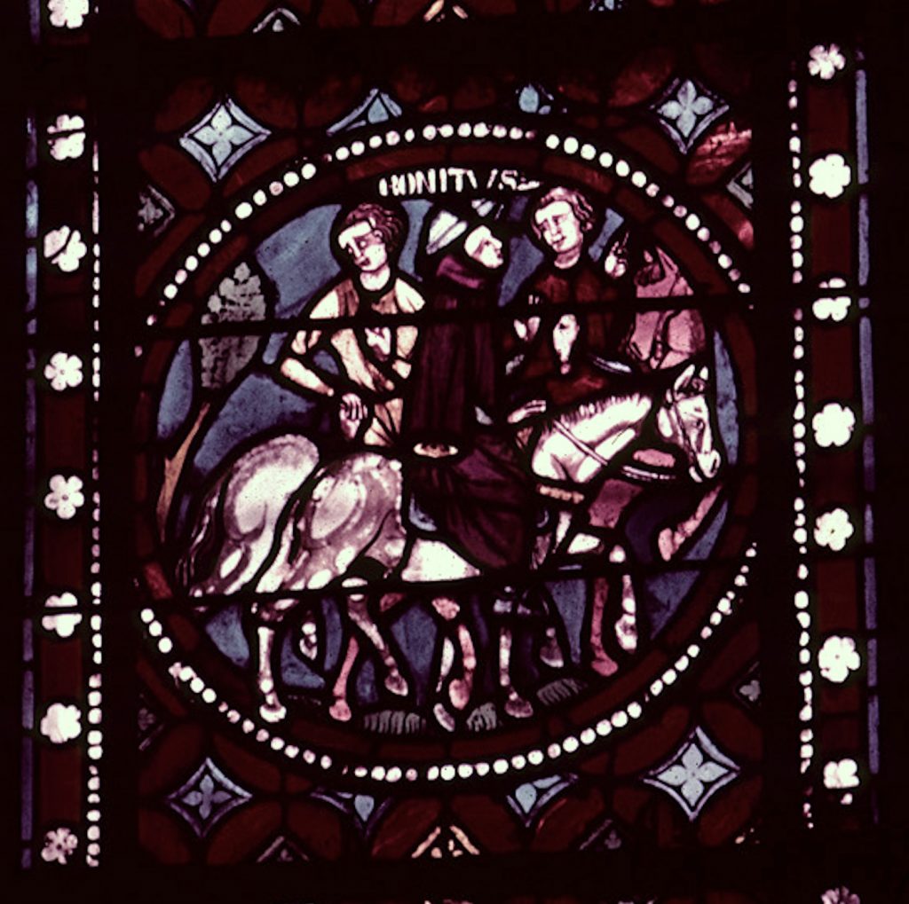 Bonitus of Clermont, Departure on Pilgrimage, 13c. stained glass medallion in the apse window of Clermont-Ferrand Cathedral. Image: Gertrude and Robert Metcalf Collection.