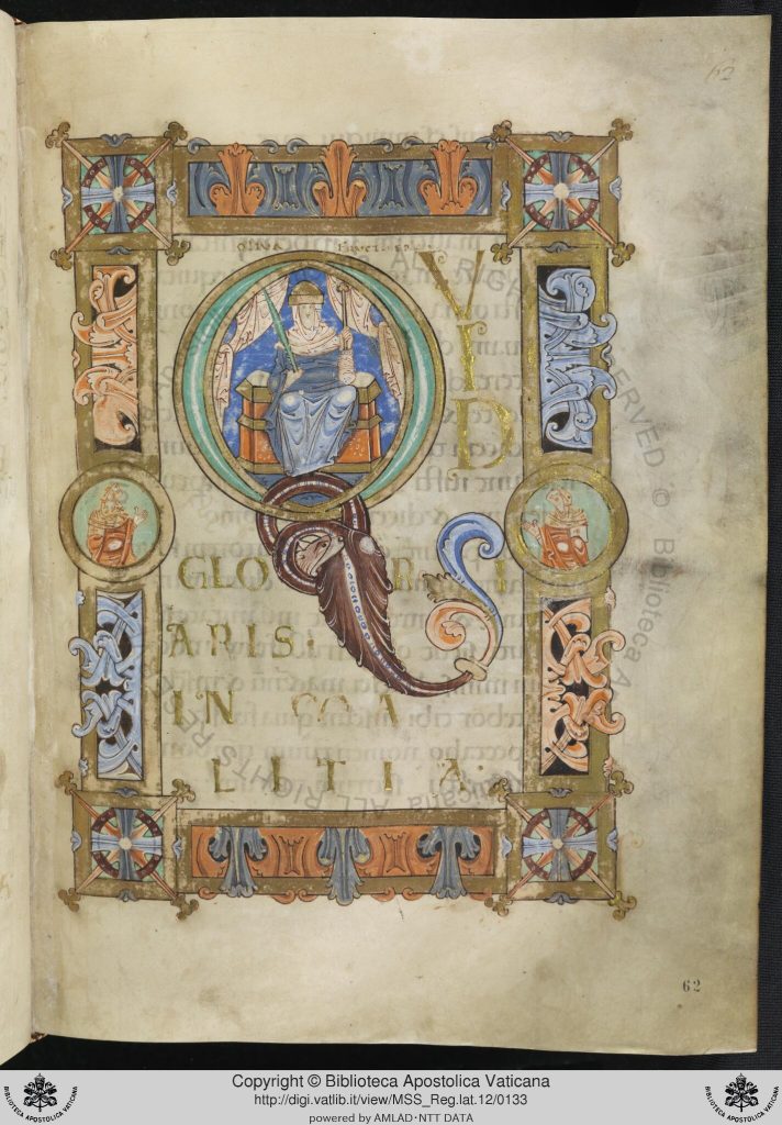 Manuscript page with decorated frame and medallions and large initial Q enclosing female personification at beginning of Psalm 51. Bury St. Edmunds Psalter, made in the 12th century. Now housed in the Biblioteca Apostolica Vaticana, MS. Reg.Lat.12, fol. 62r.