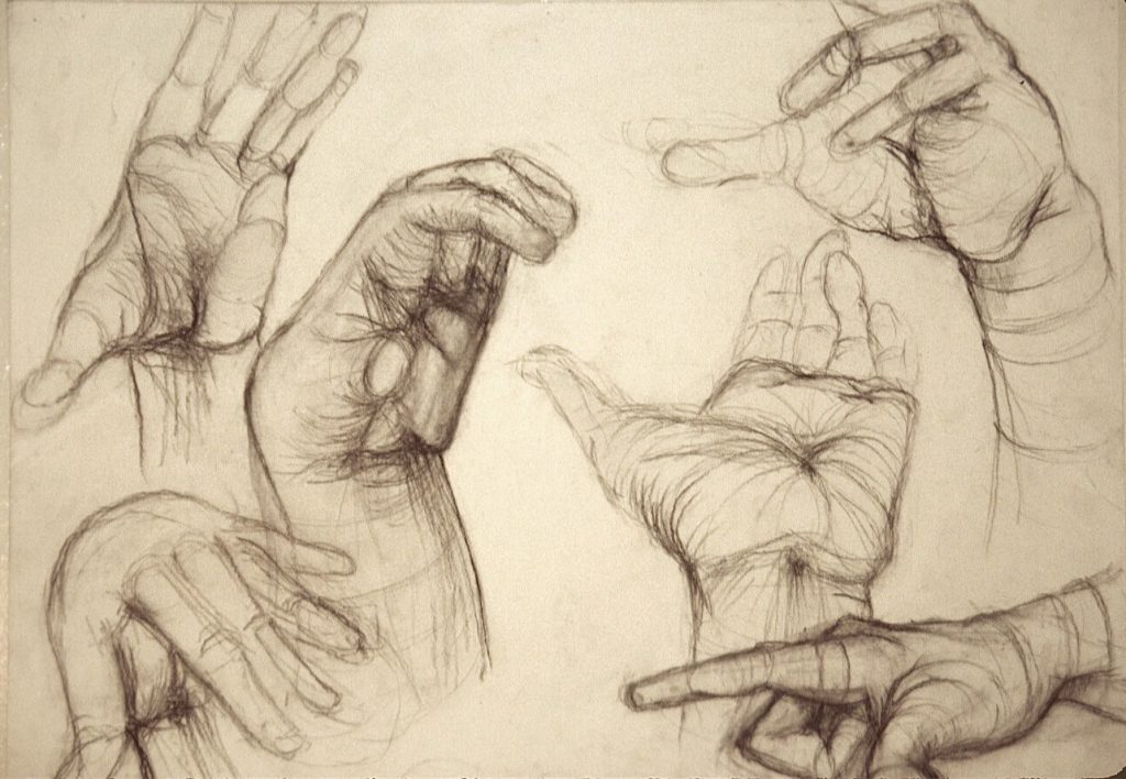Charcoal drawing of six hands in different gestures.