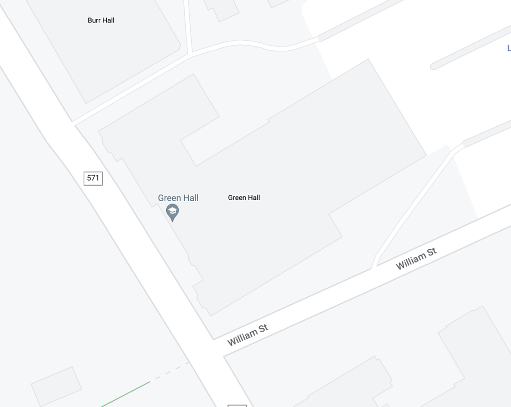 Map depicting the location of Green Hall on Princeton University's campus on the corner of Washington Road and William Street. Link goes off site to Google Maps.