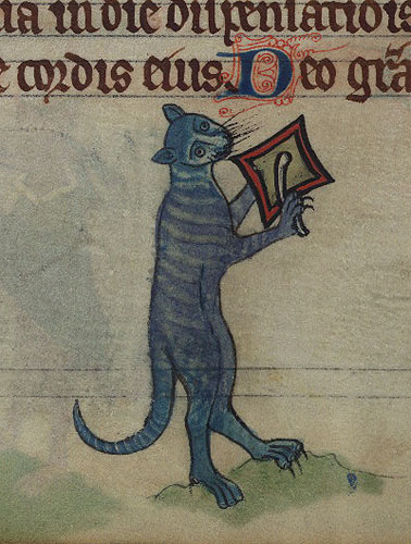 Manuscript illumination of a gray cat standing on its hind legs, playing a small square drum with a drumstick.