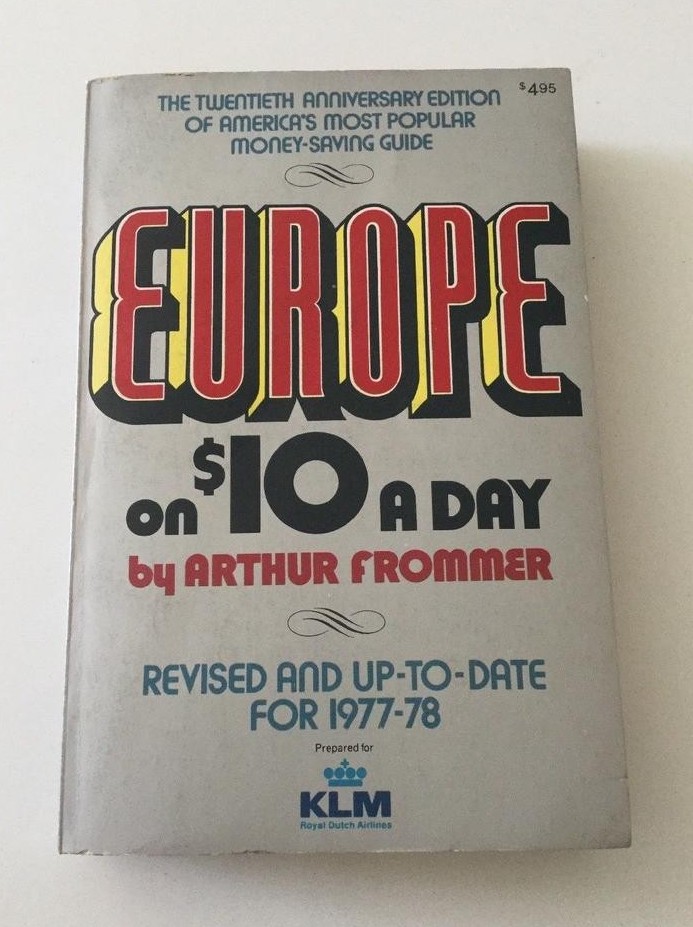 A white book with the words “Europe on $10 a Day by Arther Frommer” on the cover, shown against a plain background.