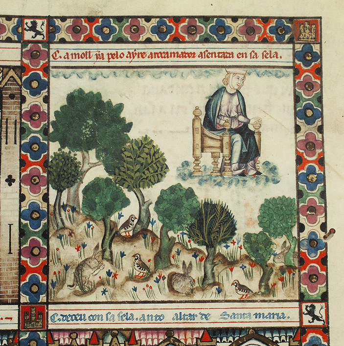 A manuscript illumination depicting a woman seated in a chair, flying over a landscape filled with trees, birds, and rabbits. The scene is framed by a floral border with heraldic castles and lions.