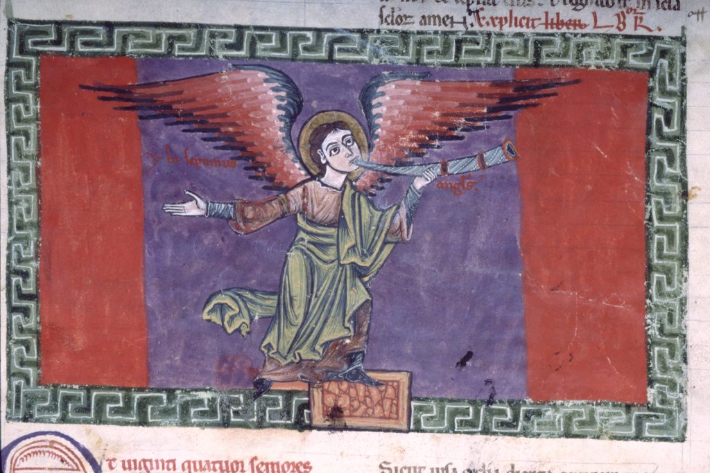 Detail of illuminated manuscript depicting rectangular painted frame of green meander pattern enclosing angel, wearing halo, with red outspread wings and raising trumpet to lips with left hand. Background painted in alternating red, violet, and red vertical lines and partial manuscript text in Latin visible at top and bottom of image.