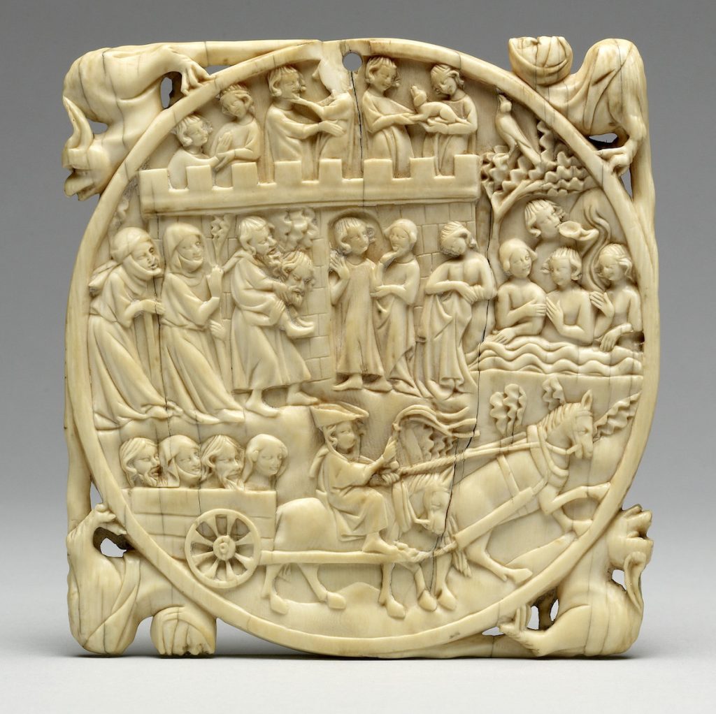 Carved ivory mirror case depicting scenes of men and women on castle and journeying to fountain. Four carved wiverns or hybrids on the corners of the case.