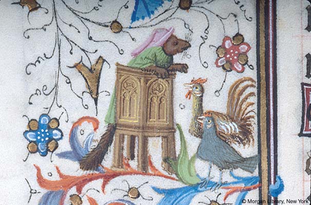 Manuscript detail depicting a miniature of a fox, wearing a pink cap, standing on a raised, decorated pulpit, before a rooster and hen, and amid scrolling foliate ornament.