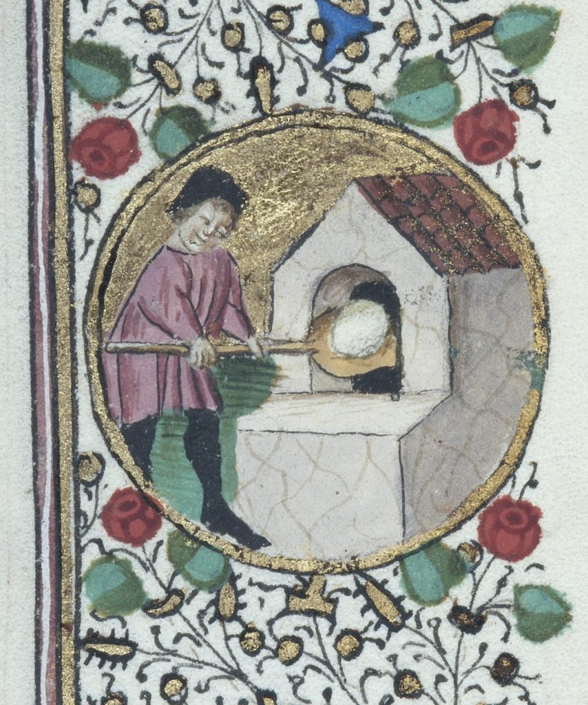 A manuscript medallion enclosing a male figure, wearing a black cap, holding a baker’s peel with round piece of dough placing it into a roofed oven. Gold background behind the figure and surrounded by manuscript floral ornament. 