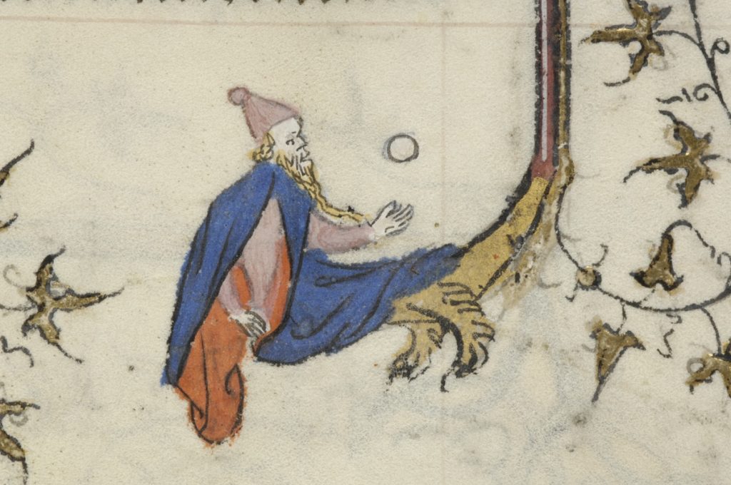 A manuscript marginal illustration of a hybrid man wearing a pink conical hat and tossing a white ball in his left hand. Marginal ornament of gold leaves and penwork.