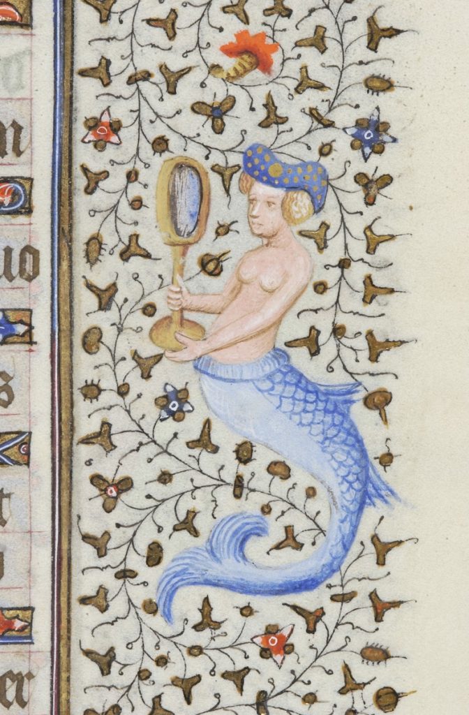 Manuscript border detail of a partially nude mermaid, wearing a blue headdress, and with a blue, scaly fish tail. The mermaid is holding a footed mirror amid scrolling foliate ornament of gold leaves and some flowers.