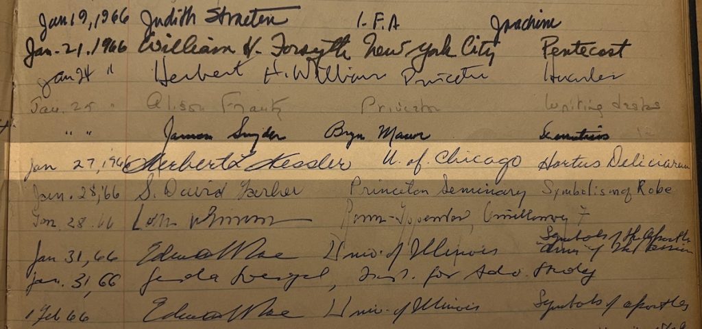 A detail of a lined notebook containing multiple signatures in various hands. Dates, names, locations, and topics per line with one signature line highlighted.