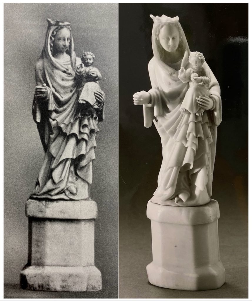 A composite image with the joined up representations of two carved statues of a crowned woman holding a male infant and mounted on a base. On the left, the statue is depicted in black and white and on the right the statue is shown in color.