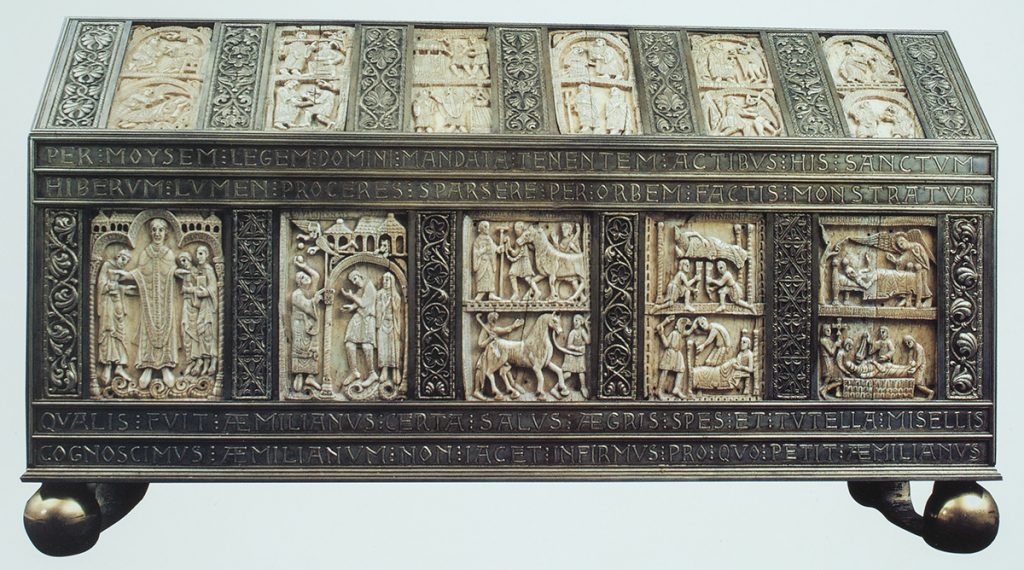 A modern footed casket set with eleven medieval ivory plaques depicting figures and animals, some in architectural settings.
